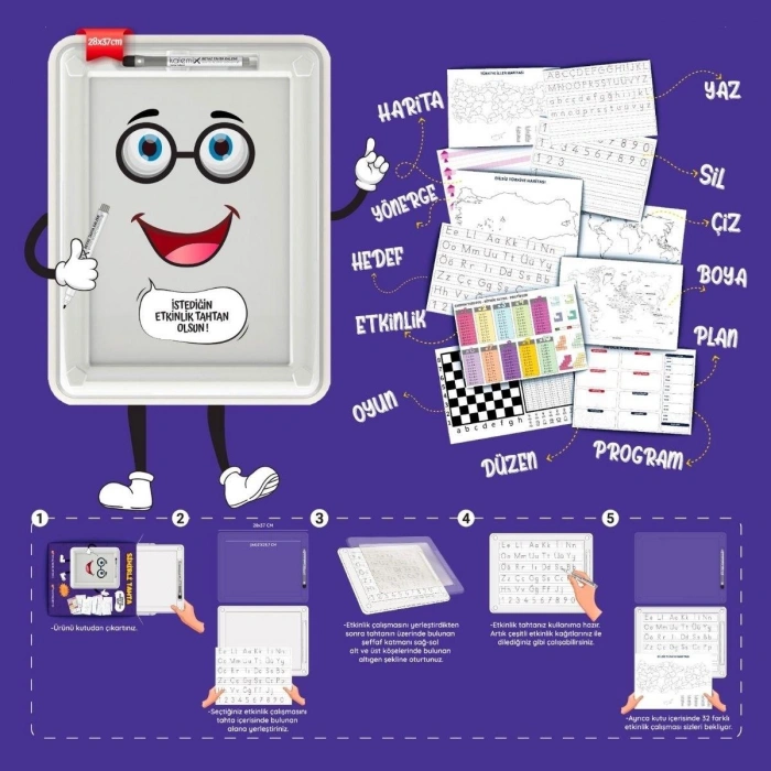 32 Farklı Etkinlikli Kalem ve Silgi Hediyeli Eğitici Sihirli Etkinlik Tahtası (5365)