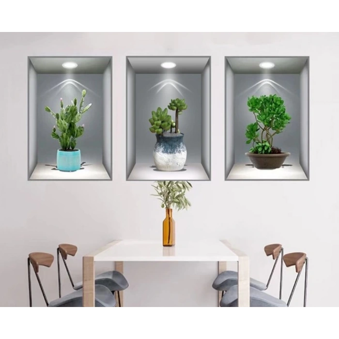 3D Çiçek Vazo Duvar Sticker 3 lü Set GRİ Fon (5365)