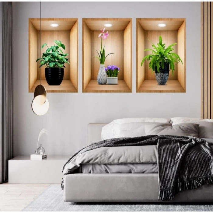 3D Çiçek Vazo Duvar Sticker 3 lü Set Kahverengi Fon (5365)