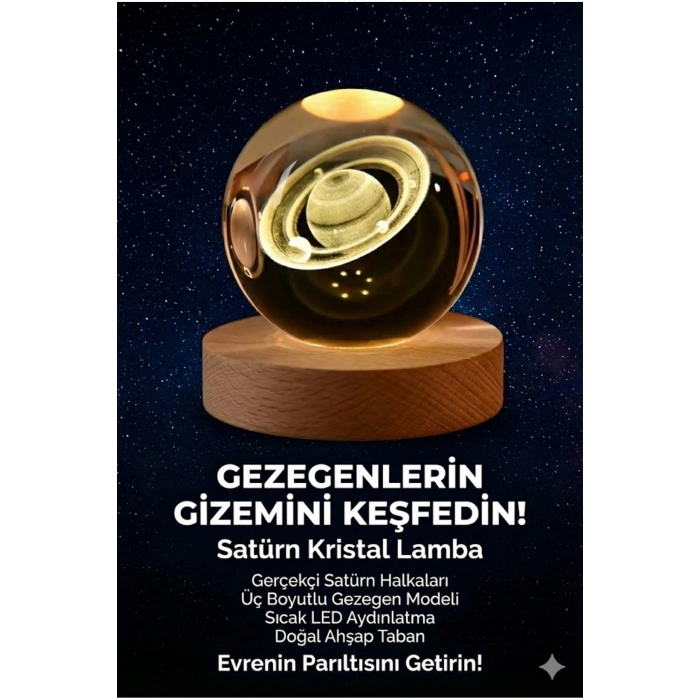 3D Kristal Küre Gece Lambası - Ahşap Tabanlı Dekoratif LED Masa Üstü Aydınlatma