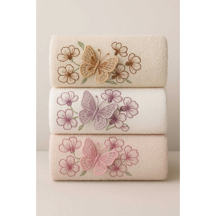 3lü Lüks %100 Pamuklu Mutfak Havlusu Seti 3D Kelebek Aplikeli 30x50 Cm