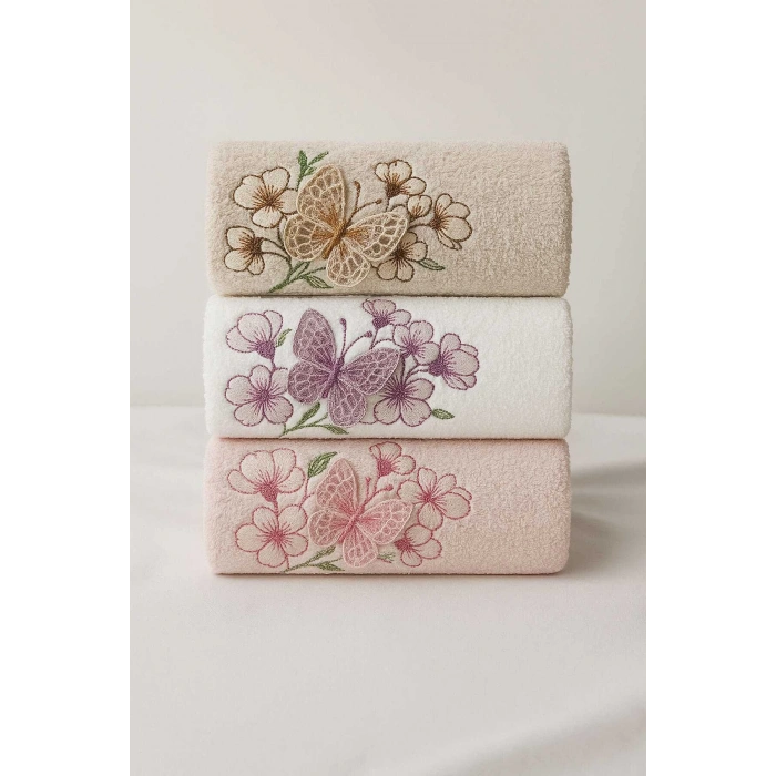 3lü Lüks %100 Pamuklu Mutfak Havlusu Seti 3D Kelebek Aplikeli 30x50 Cm