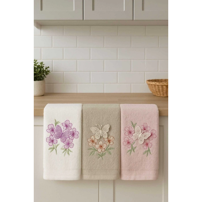3lü Lüks %100 Pamuklu Mutfak Havlusu Seti 3D Kelebek Aplikeli 30x50 Cm