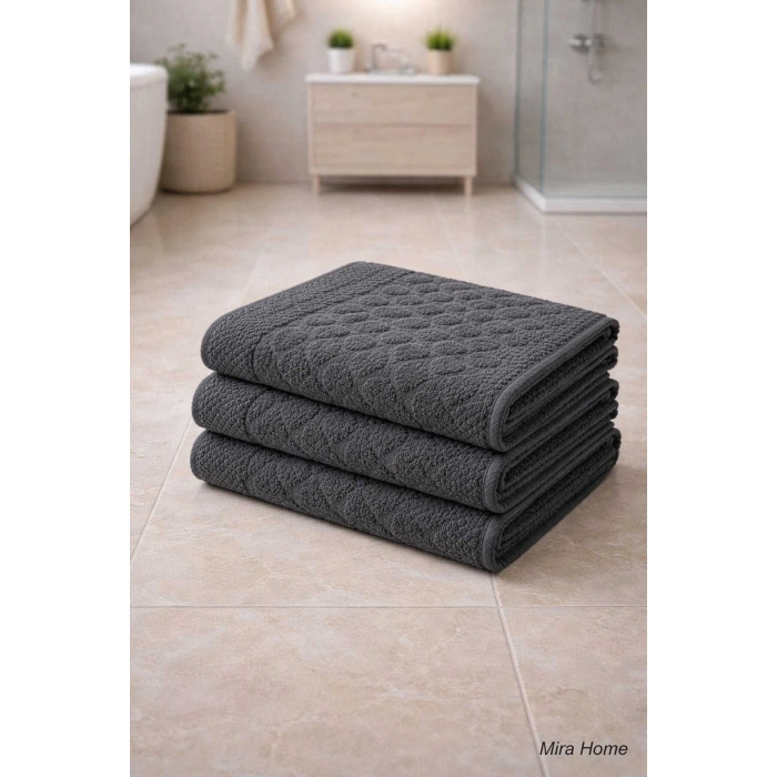 3lü Pamuklu Ayak Havlusu Seti Kabartma Desenli 50x70 Cm Antrasit