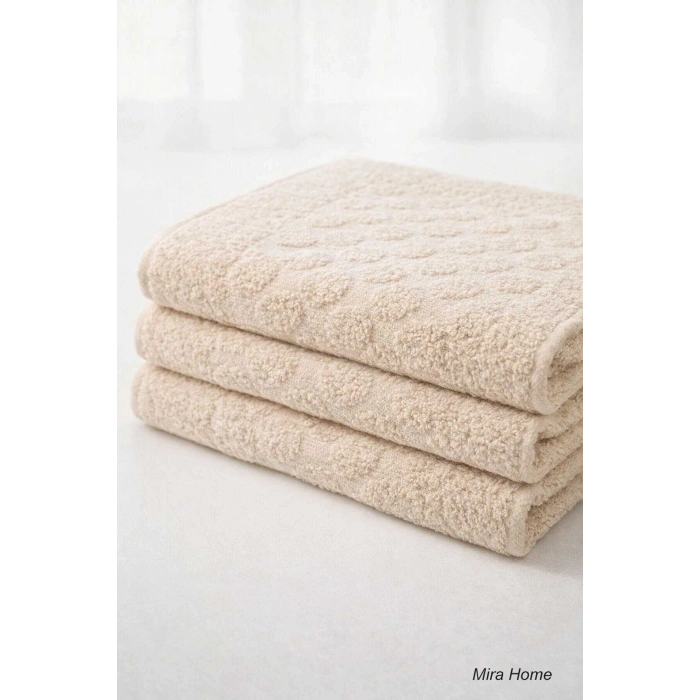 3lü Pamuklu Ayak Havlusu Seti Kabartma Desenli 50x70 Cm Bej