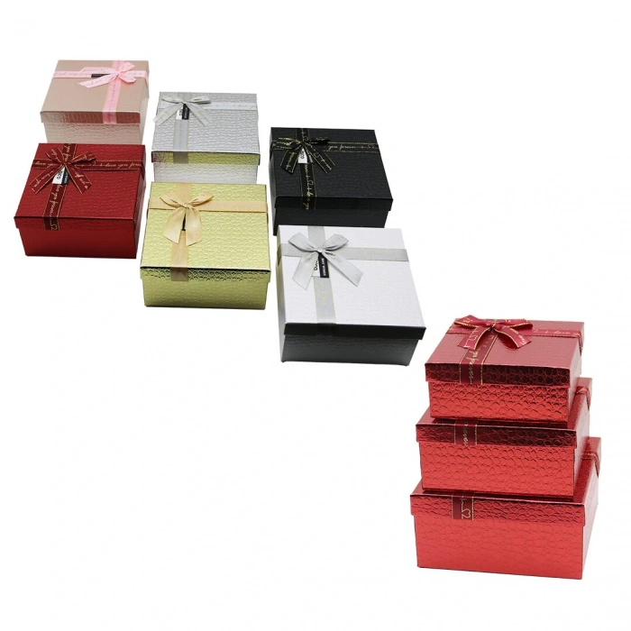 3PCS SQUARE GLOSSY MIX COLOR - EMBOSS PATTERN CARDBOARD GIFT BOX RIBBONED 19-17-15CM (5365)