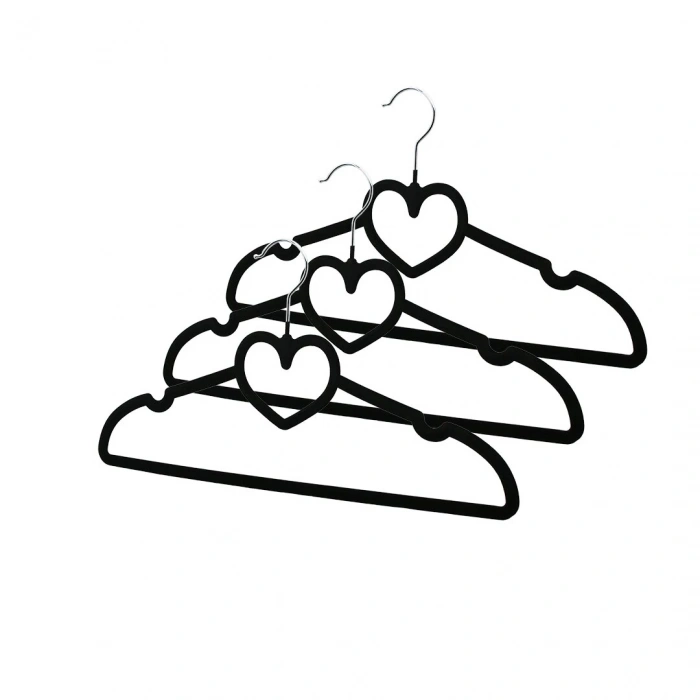 3PCS SİYAH KADİFE KAPLI - KALPLİ PLASTİK ASKI METAL UÇLU (5365)