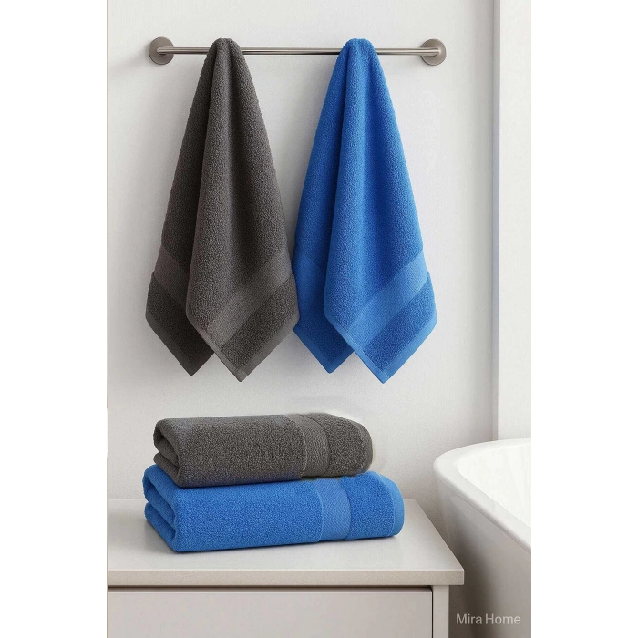 4 Parça Banyo Havlu Takımı %100 Pamuklu Dry Antrasit Mavi