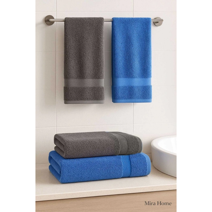 4 Parça Banyo Havlu Takımı %100 Pamuklu Dry Antrasit Mavi