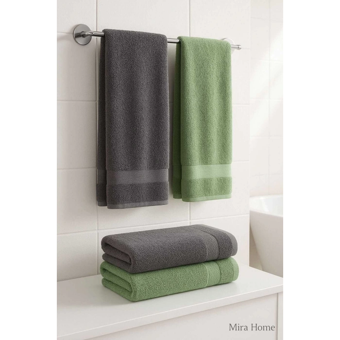 4 Parça Banyo Havlu Takımı %100 Pamuklu Dry Antrasit Yeşil