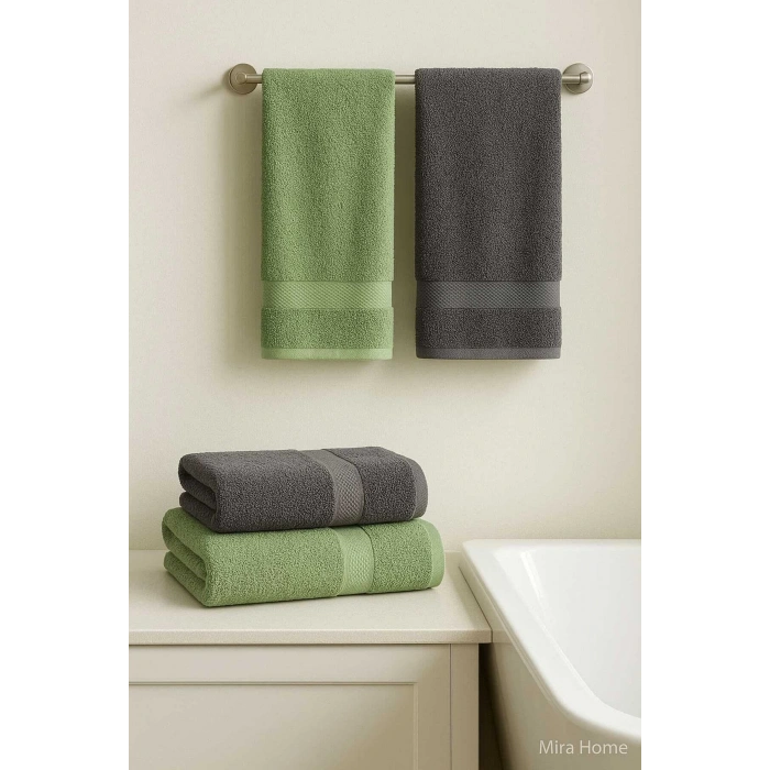 4 Parça Banyo Havlu Takımı %100 Pamuklu Dry Antrasit Yeşil