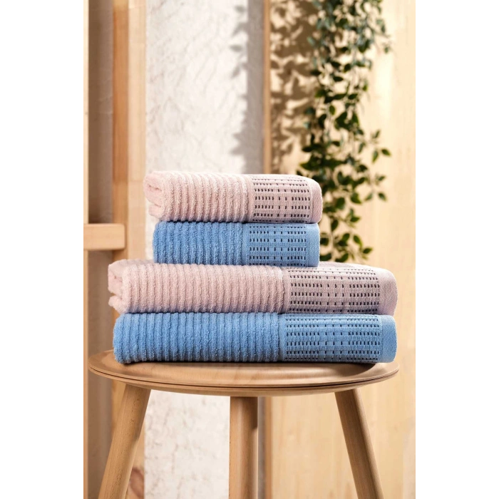 4 Parça Büyük Boy Banyo Havlu Takımı %100 Pamuklu Marena Mavi Pudra