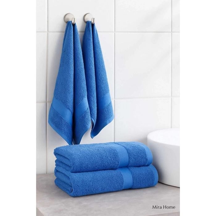 4 Parça Ekonomik Banyo Havlu Takımı %100 Pamuklu Quickdry Mavi Mavi