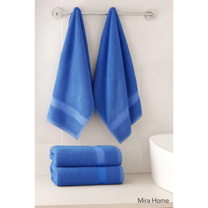 4 Parça Ekonomik Banyo Havlu Takımı %100 Pamuklu Quickdry Mavi Mavi