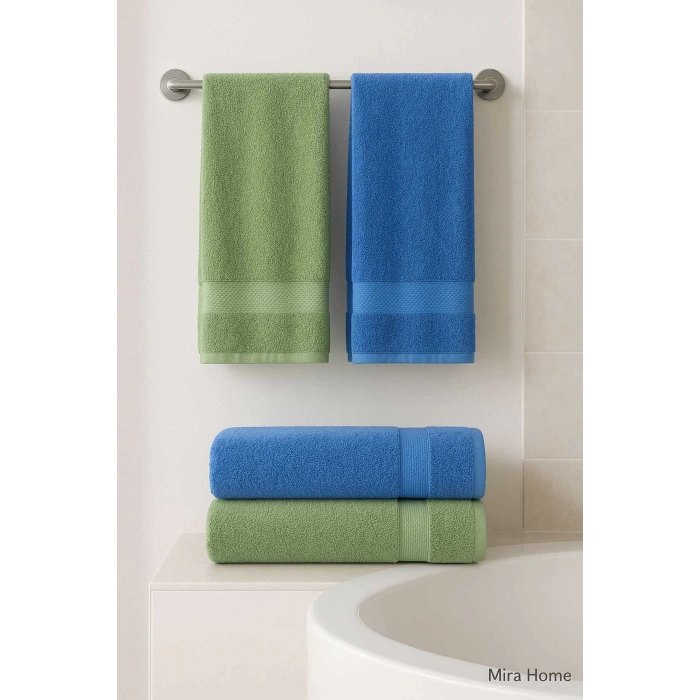 4 Parça Ekonomik Banyo Havlu Takımı %100 Pamuklu Quickdry Mavi Yeşil