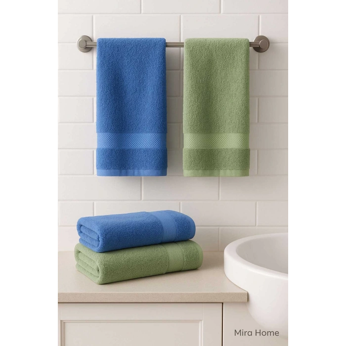 4 Parça Ekonomik Banyo Havlu Takımı %100 Pamuklu Quickdry Mavi Yeşil