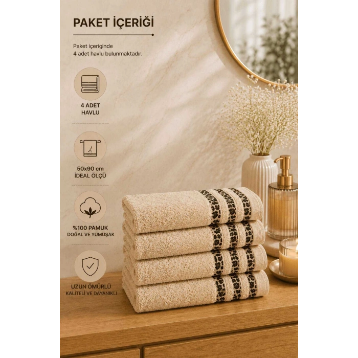 4lü El Yüz Havlusu Seti %100 Pamuk 50x90 cm Savana Kum Beji