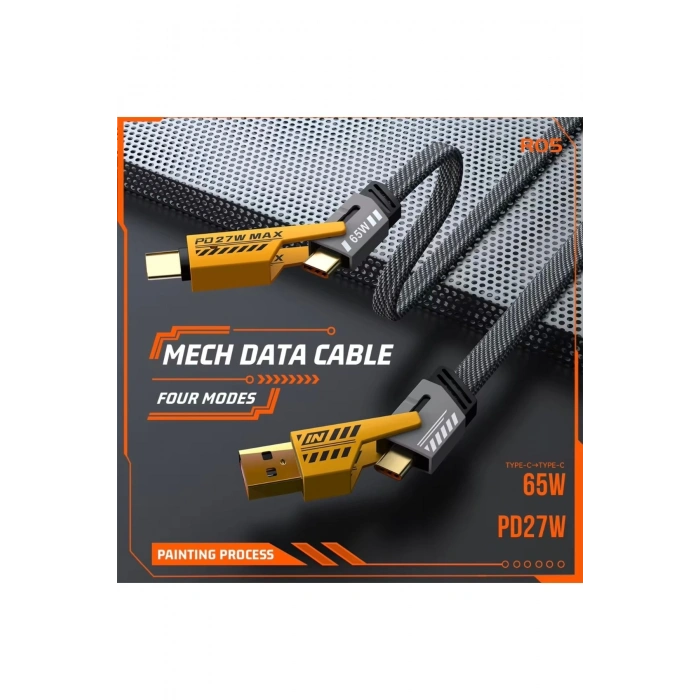 4’ü 1 Arada 65W Hızlı Şarj Kablosu – USB ve Type-C Girişli, Örgülü Dayanıklı