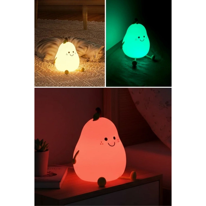5 Farklı Renk Modlu Armut Figürlü Pofuduk LED Gece Lambası–Yumuşak Dokulu Çocuk Odası ve Dekoratif Şarjlı Ortam Işığı