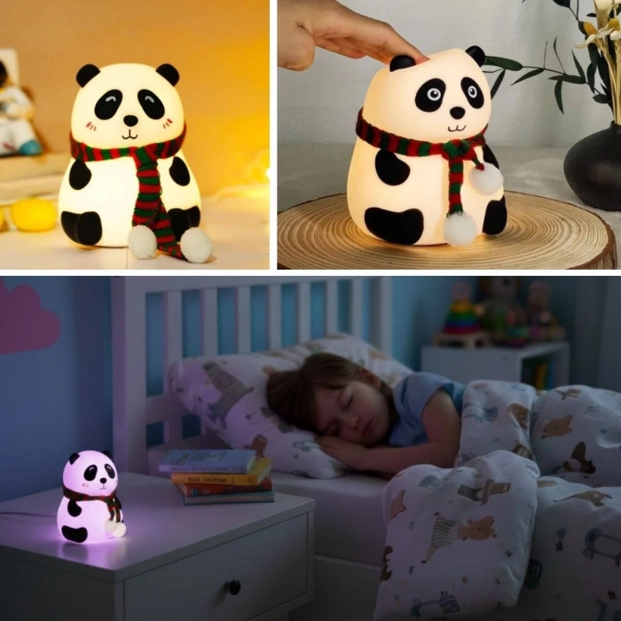 5 Farklı Renk Modlu Panda Figürlü Pofuduk LED Gece Lambası–Yumuşak Dokulu Çocuk Odası ve Dekoratif Şarjlı Ortam Işığı (5365)