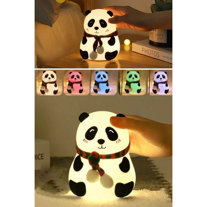 5 Farklı Renk Modlu Panda Figürlü Pofuduk LED Gece Lambası–Yumuşak Dokulu Çocuk Odası ve Dekoratif Şarjlı Ortam Işığı