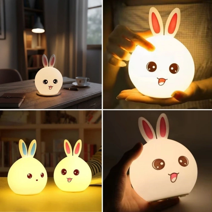 5 Farklı Renk Modlu Tavşan Figürlü Pofuduk LED Gece Lambası–Yumuşak Dokulu Çocuk Odası ve Dekoratif Şarjlı Ortam Işığı (5365)