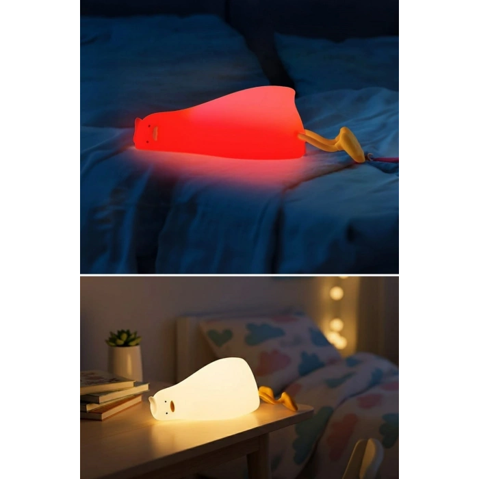 5 Farklı Renk Modlu Tembel Ördek Figürlü Pofuduk LED Gece Lambası–Yumuşak Dokulu Çocuk Odası ve Dekoratif Şarjlı Ortam Işığı