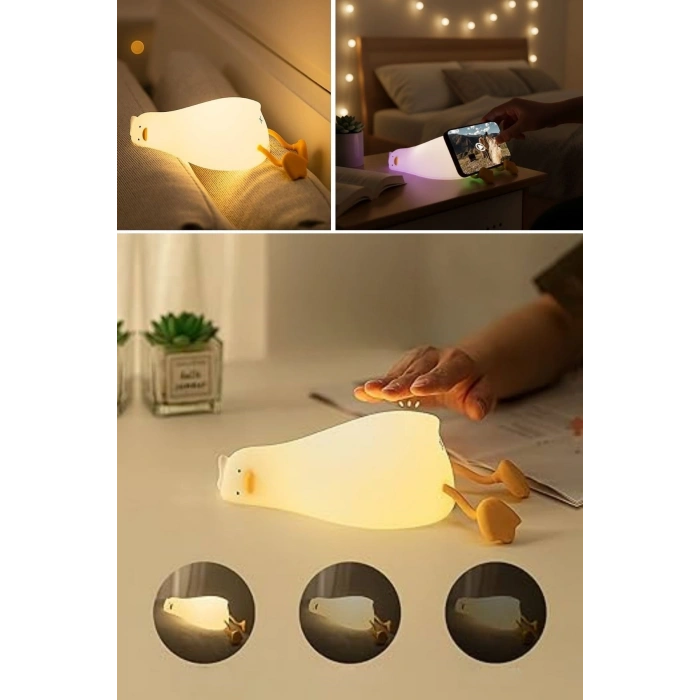 5 Farklı Renk Modlu Tembel Ördek Figürlü Pofuduk LED Gece Lambası–Yumuşak Dokulu Çocuk Odası ve Dekoratif Şarjlı Ortam Işığı