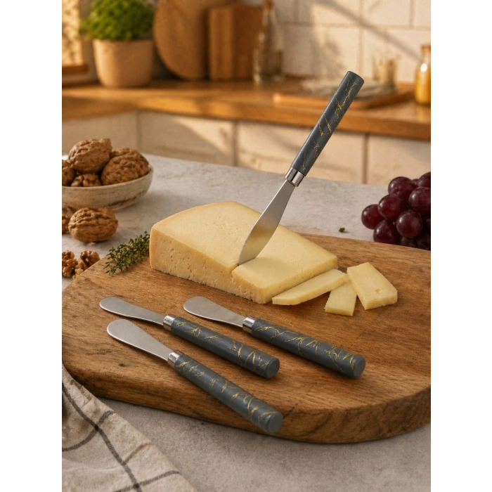 5 PARÇA  UZUN KAHVALTI BIÇAK - GRİ MERMER DESEN SAPLI 16.5 cm (5365)