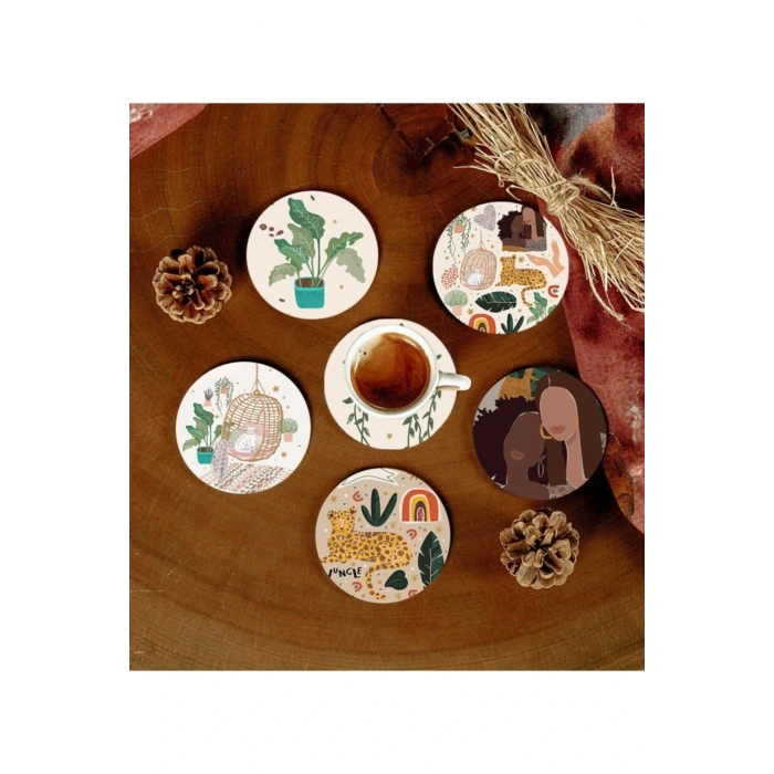 6 Adet Desenli Mdf Bardak Altlığı