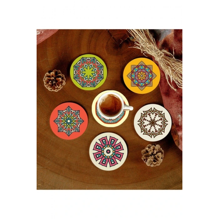 6 Adet Desenli Mdf Bardak Altlığı