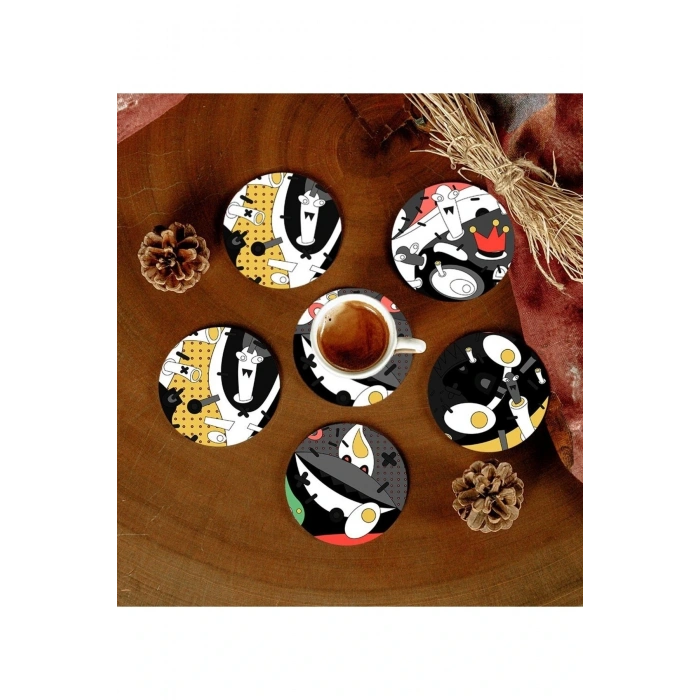 6 Adet Desenli Mdf Bardak Altlığı