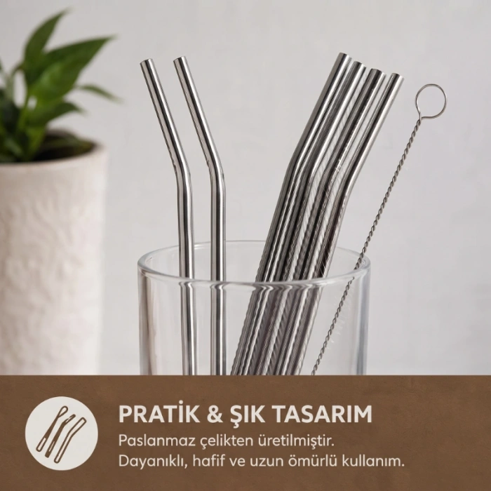 6lı Kaşıklı Pipet Seti - Metal - Pipet Temizleme Fırçası