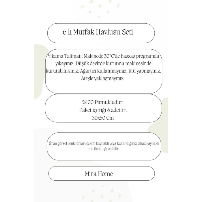 6 Parça Mutfak Havlusu Seti %100 Pamuklu Tendy