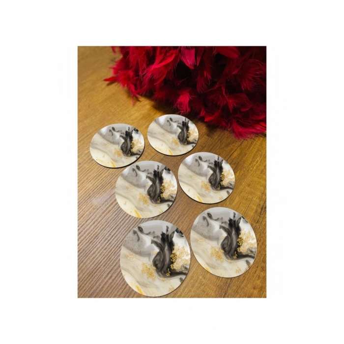 6 Parça Siyah Gold Mermer Ahşap Bardak Altlığı