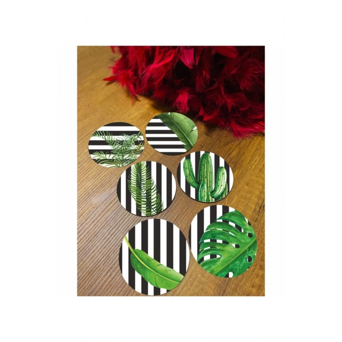 6 Parça Yeşil Yapraklı Ahşap Bardak Altlığı