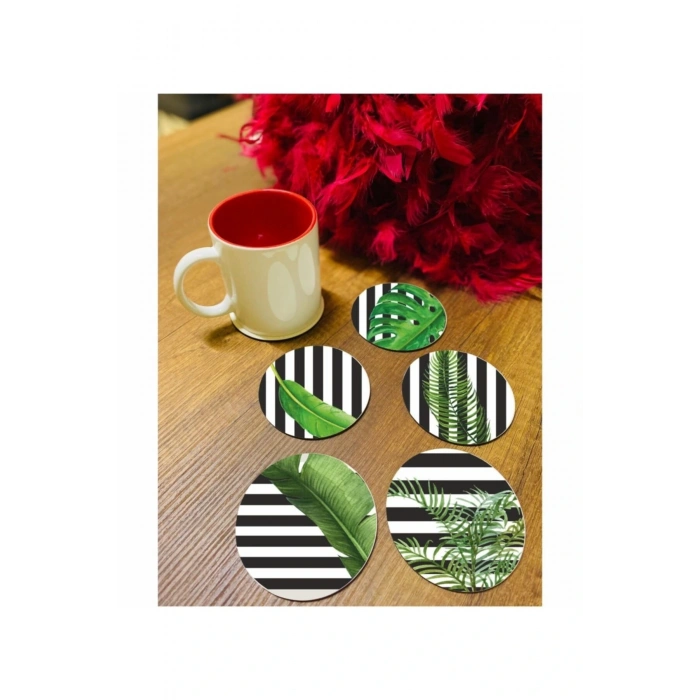 6 Parça Yeşil Yapraklı Ahşap Bardak Altlığı