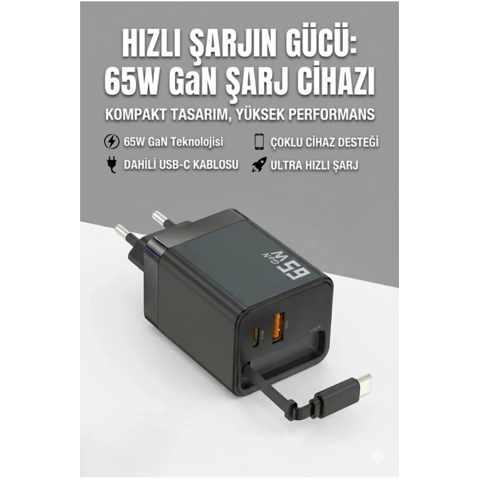 65W Süper Hızlı Şarj Cihazı | Dahili Type-C Kablo | USB-C & USB-A Çıkış | Çoklu Cihaz Desteği