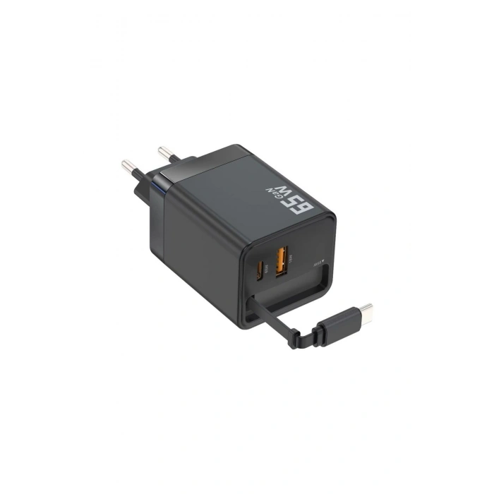 65W Süper Hızlı Şarj Cihazı | Dahili Type-C Kablo | USB-C & USB-A Çıkış | Çoklu Cihaz Desteği