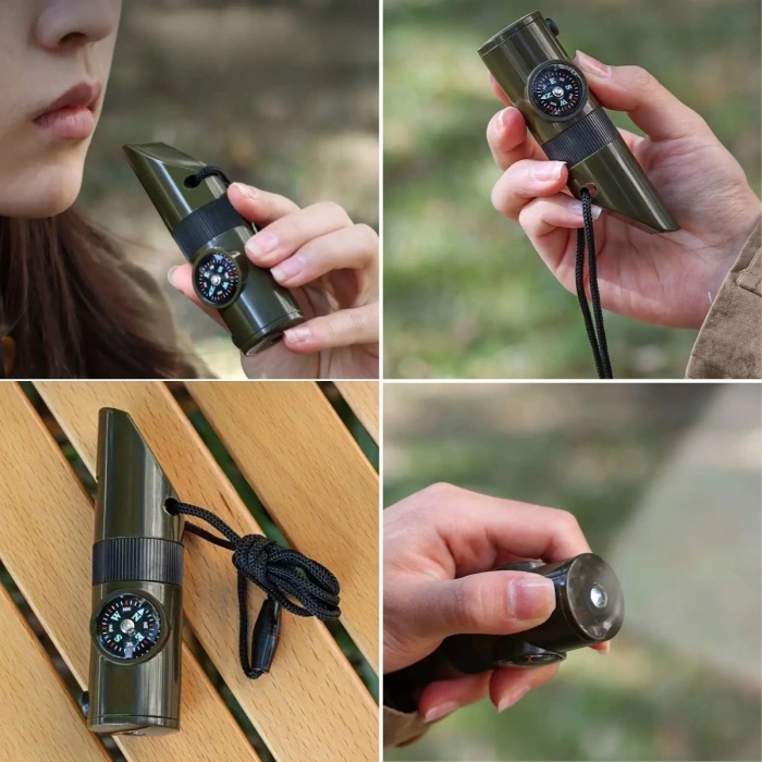 7si 1arada Acil Durum Düdüğü,El Feneri, Termometre,Pusula,Büyüteç,Depolama Bölmeli Kampçı Düdüğü (5365)