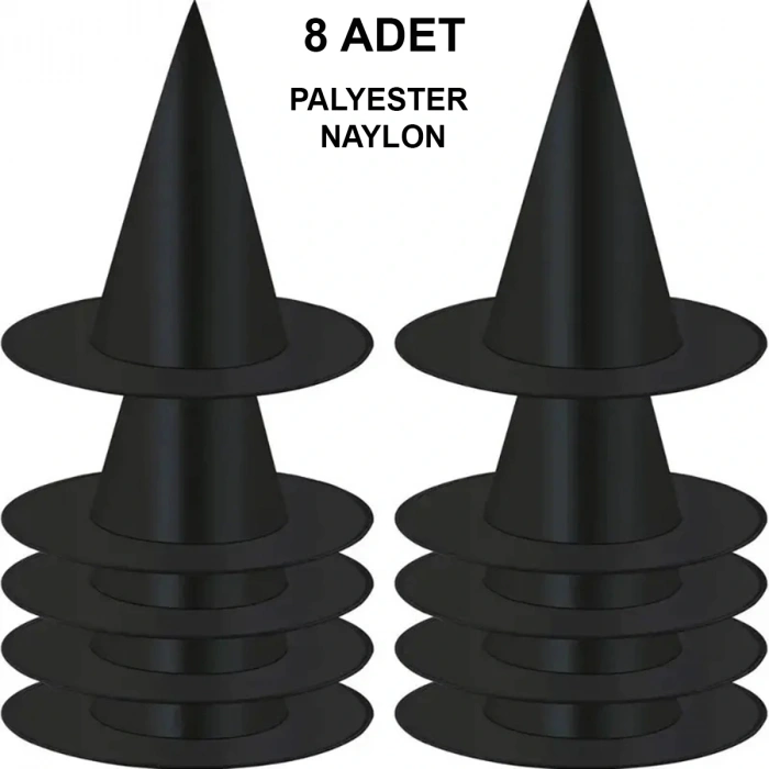 8 Adet Siyah Cadı Şapkası – Yetişkin &amp;amp; Çocuk Kostüm Aksesuarı (5365)