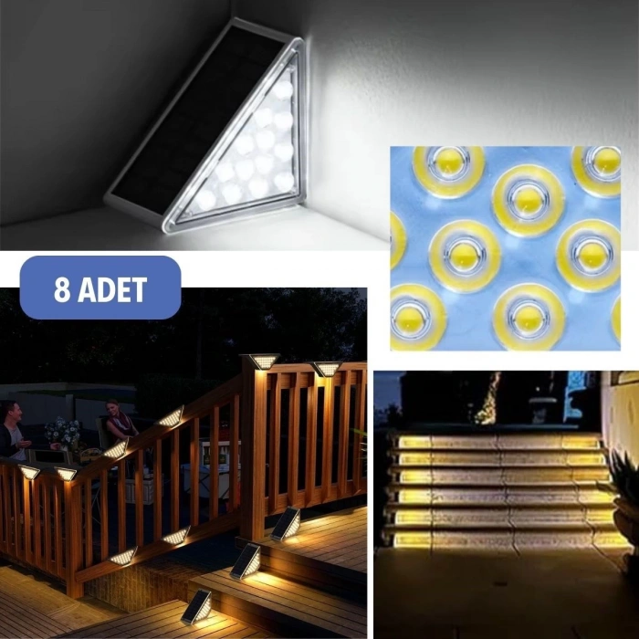  8 Adet Üçgen  Güneş Enerjisi ile Şarj Olan Dış Mekan Solar Basamak Köşe Lambası (5365)