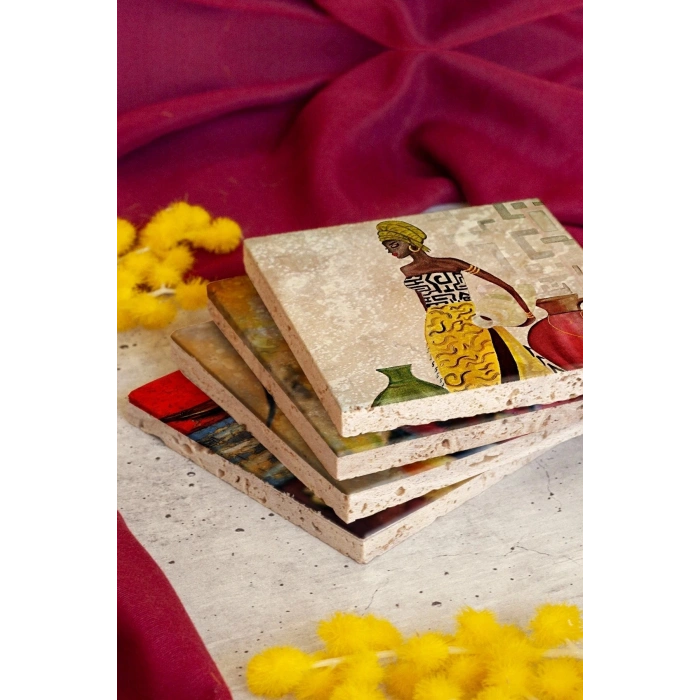 Afrikalı Kadın 4lü Taş Bardak Altlığı