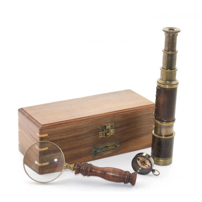 Wooden Box Brass Compass, Binoculars, Magnifying Glass Set Model 2