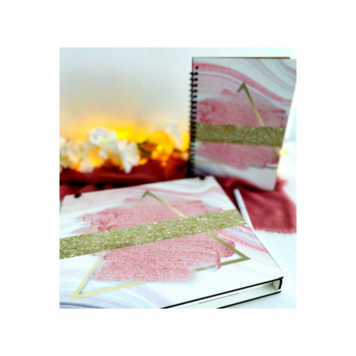 Ahşap Kutulu Ahşap Defter Kalem Seti - Pembe1