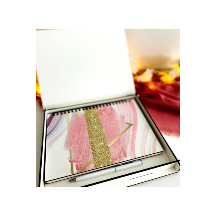 Ahşap Kutulu Ahşap Defter Kalem Seti - Pembe1