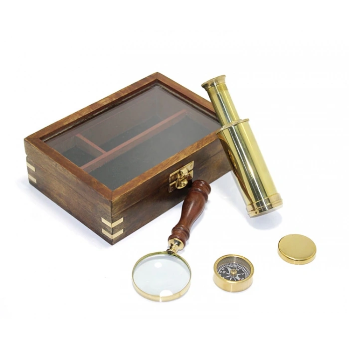 Wooden Box Brass Compass Monocular And Magnifying Glass Set