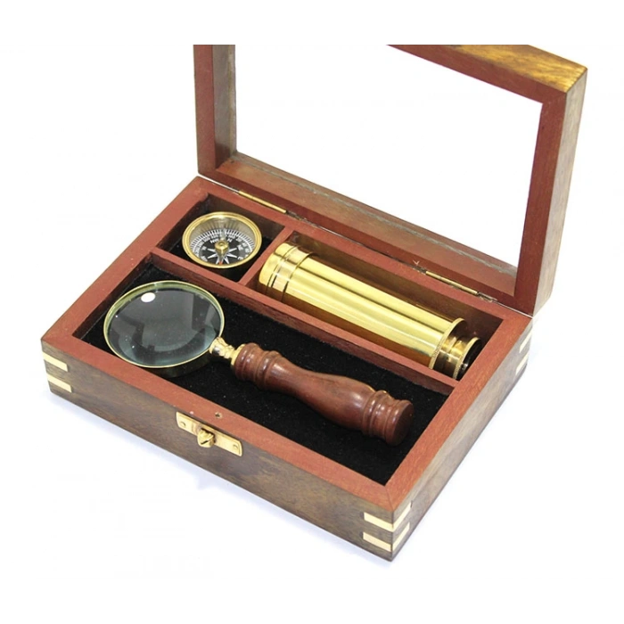 Wooden Box Brass Compass Monocular And Magnifying Glass Set