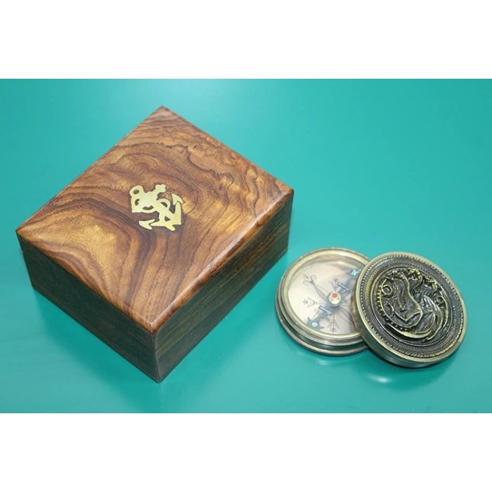 Wooden Boxed Brass Compass Dragon Pattern