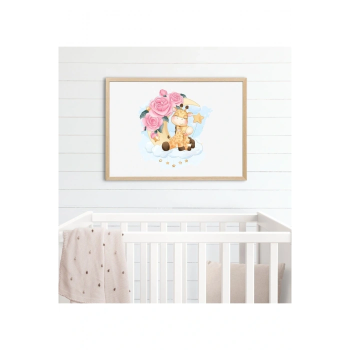 Ahşap Zürafa Baskılı Bebek Odası Çerçeveli Tablo - Naturel 35 x 50